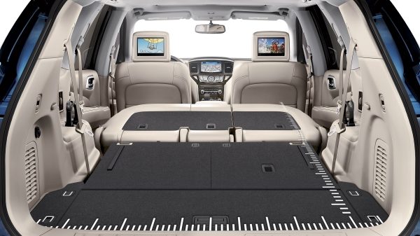 Nissan Pathfinder with second and third rows folded flat for cargo